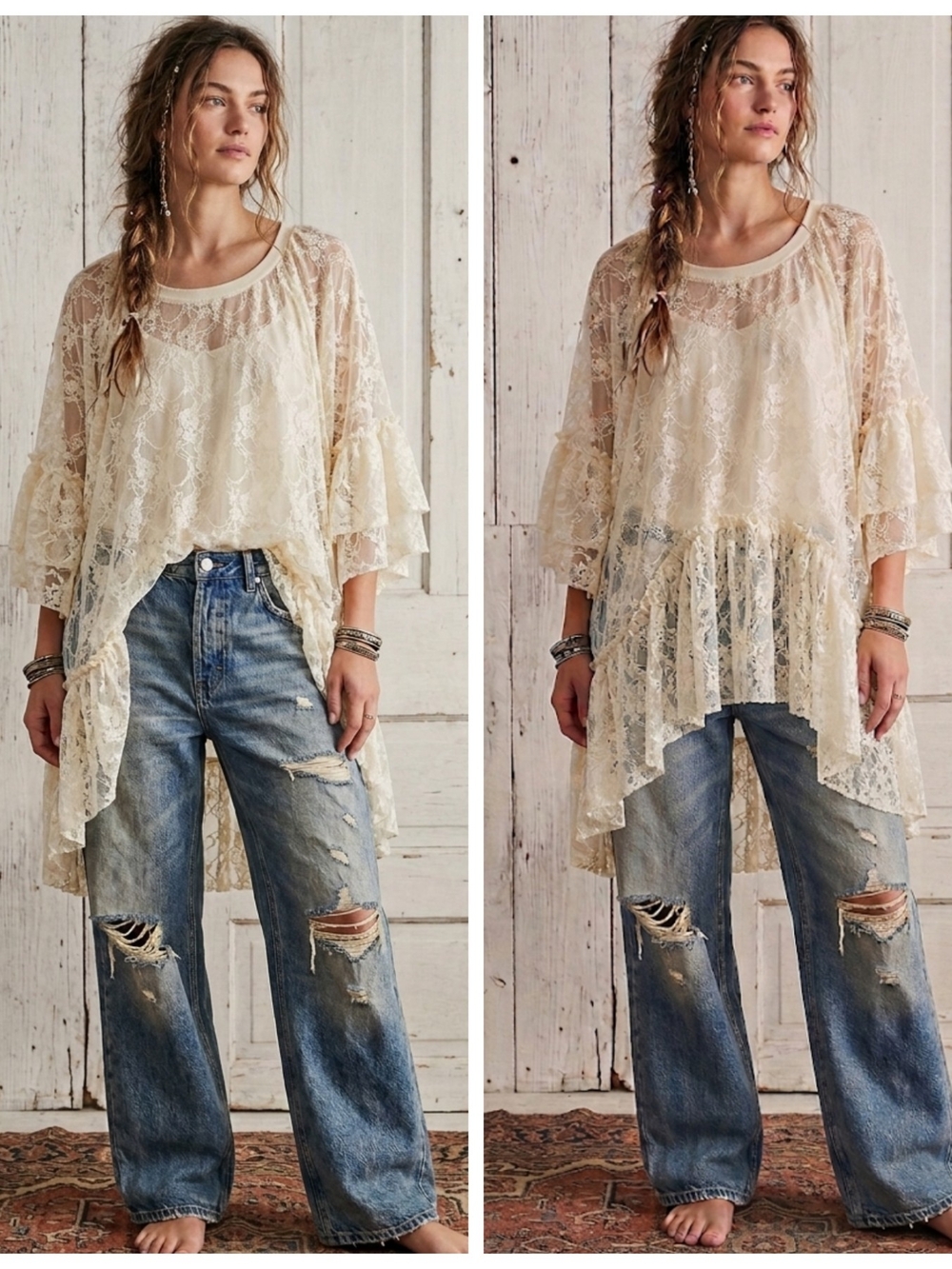 Lace Ruffle High-Low Tunic Layering Top - Cream